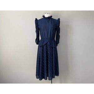 1970s Vintage Ladies Navy Blue Pinstripe Rockabilly Work Attire Dress